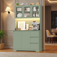 71" Kitchen Pantry Cabinet with Large Storage and LED Lights, Green