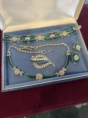 Signed Boucher Vintage Deco Costume Jewelry Set Diamond Emerald Look