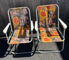Pair Vintage Floral Folding Chair Garden Camper 1970s Flower Metal Fabric Orange