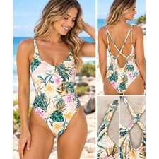 Kona Sol Womens One Piece Swimsuit Tropical Floral Nylon Spandex Cream Medium
