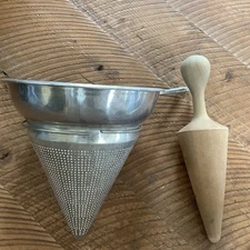 Vintage Aluminum Cone Sieve Colander Strainer With Wood Pestle Wearever