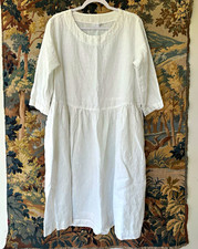 Len Ok Pure Linen Midi Babydoll Dress Pockets 3/4 Sleeve White Minimalist L FLAX