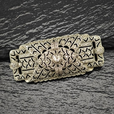 Antique Art Deco Filigree White Paste Sterling Silver Brooch