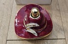 VTG RED HAT LADY SOCIETY ENAMEL PERFUME BOTTLE DESIGN Gold/Red Rhinestone NIB  — photo 1