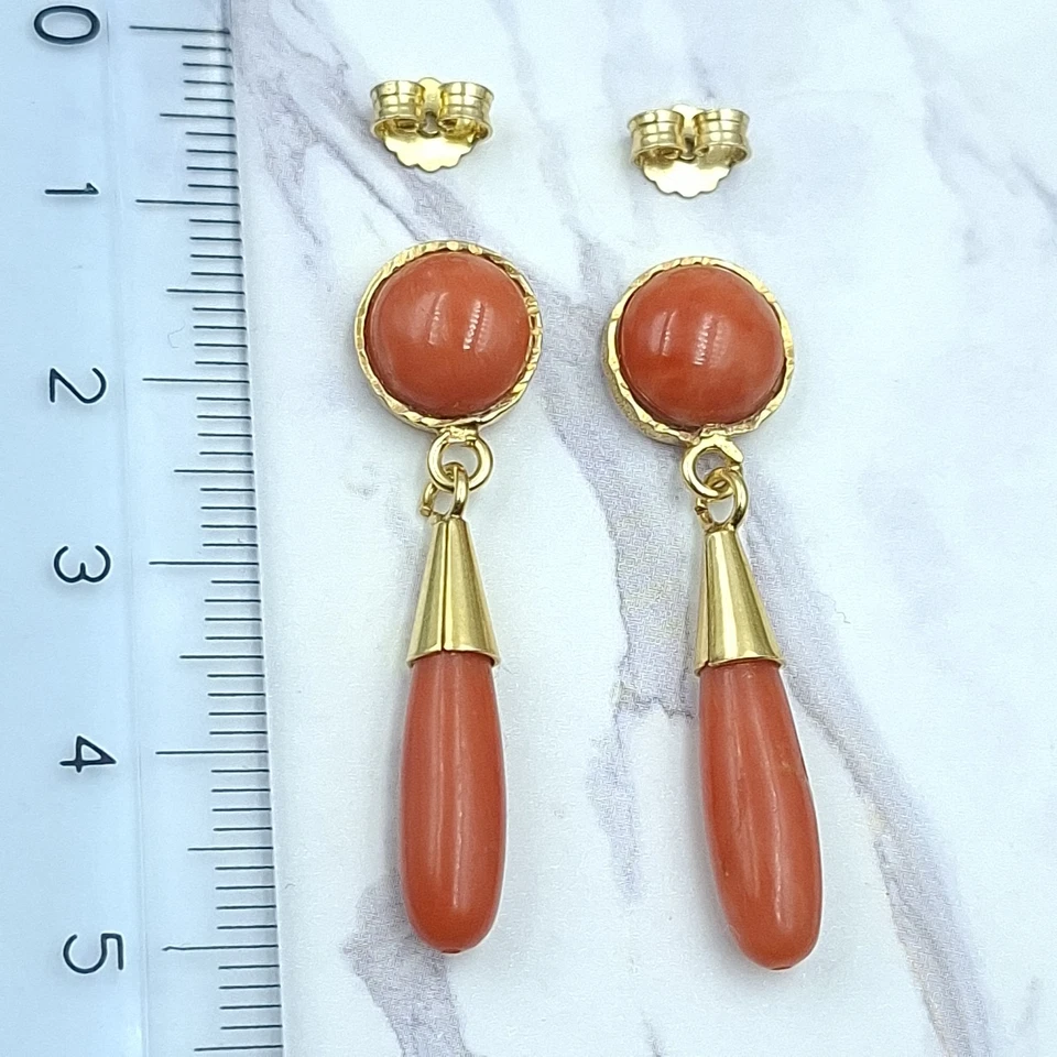 Antichi Orecchini A Goccia Vero Corallo Sardegna Rosso Bottoni Argento 925 Oro - Immagine 3 di 4