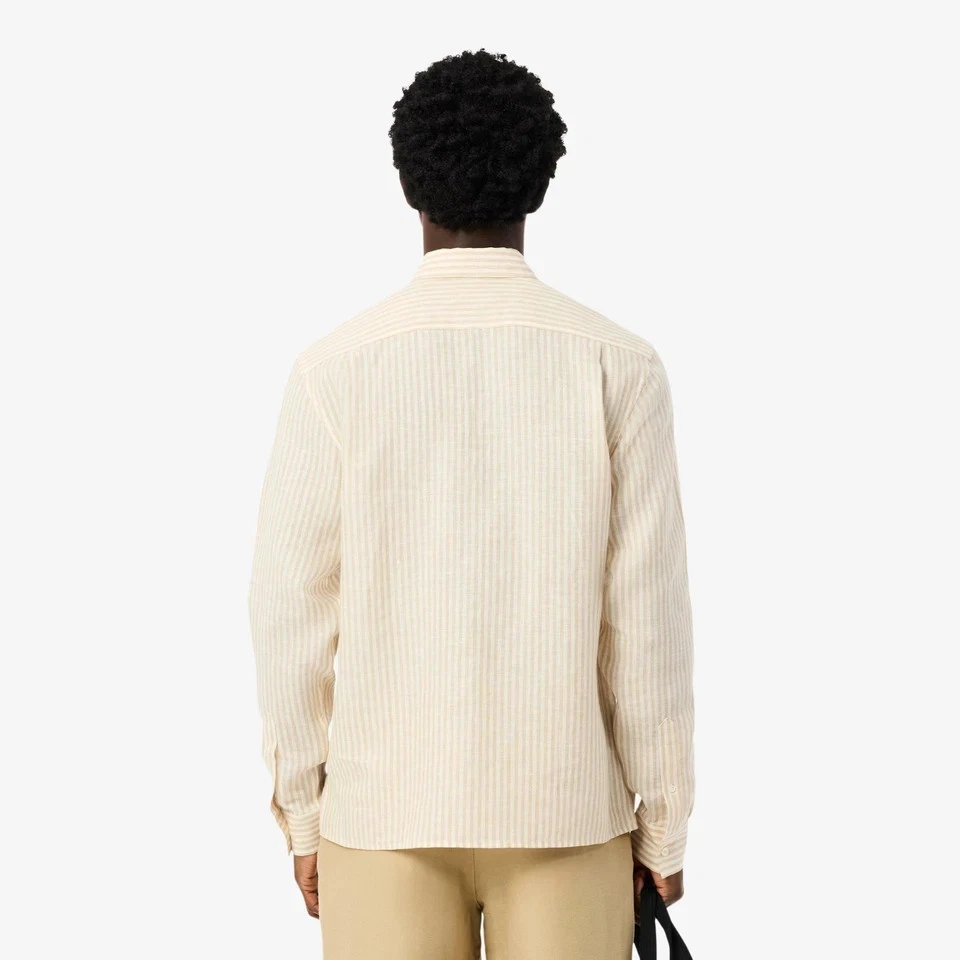 $140 Lacoste Men’s SZ XL Regular Fit Striped Linen Shirt Beige White - Image 2 of 3