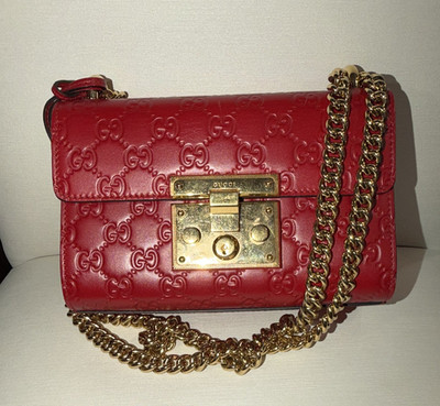 Gucci Padlock GG Red Embossed Chain Crossbody Bag Gold Hardware Small