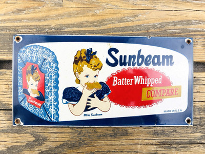 VINTAGE 10x5'' SUNBEAM BREAD SODA POP GAS PORCELAIN OLD BAKERY STORE OIL SIGN