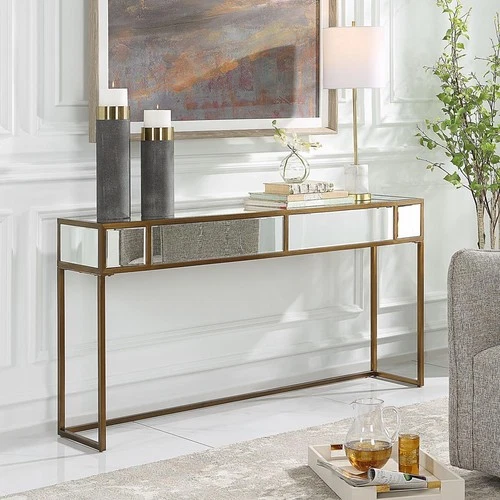 Uttermost 25286 Reflect Console Table Brushed Aged Gold and Mirrored Accents - Picture 2 of 8