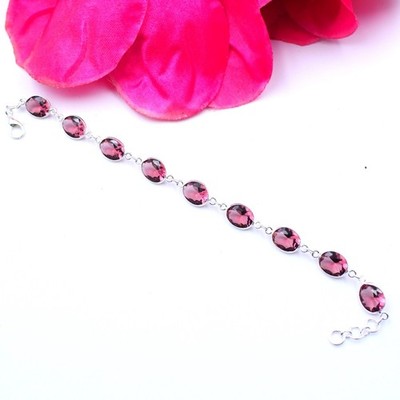 Pink Rhodolite Gemstone Handmade  925 Sterling Silver Jewelry Bracelet Size-7-8''