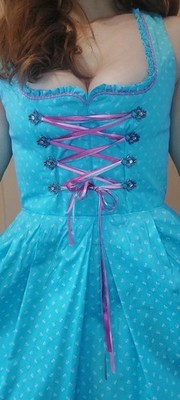 Turi Landhaus Dirndl Dress Blue Cotton Lace Up Bodice EU 32 XS Midi