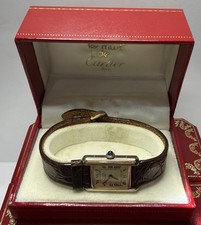 Vintage 1983 Cartier Tank Must De Argent Quartz Org. Leather Band Watch Card Box 21