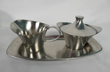 Vintage MCM Scandinavian Sugar & Creamer Set w/Tray Stainless Steel 4 Piece Set