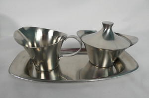 Vintage MCM Scandinavian Sugar & Creamer Set w/Tray Stainless Steel 4 Piece Set
