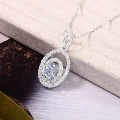 Aquamarin Anhänger 925 Sterling Silber Kette Oval 6x4 MM Geburtstagsgeschenk - Bild 1 von 4