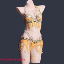 Women Rhinestones Sequin Beaded Bellydance Wear Bra Belt Set Stage Dance Costume