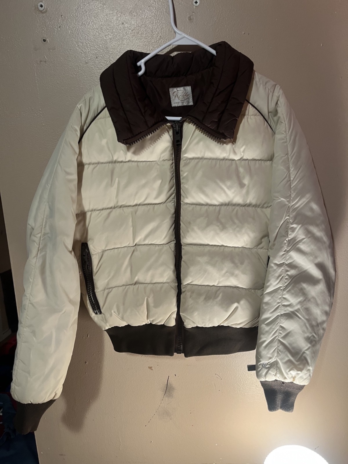 Vintage Roffe Puffer Jacket Coat Down Cream Brown Bomber Winter Snow Ski Large