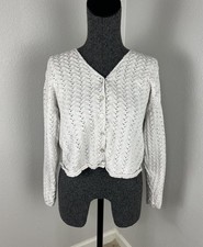 Vintage Crotchet Knit White Cropped Cardigan Sweater Cottagecore Made in USA XL