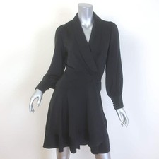 Zimmermann Long Sleeve Mini Wrap Dress Black Satin-Trimmed Silk Size 2