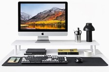 White Bamboo Dual Monitor Stand Riser Desk Shelf Storage for PC Printer TV 130lb