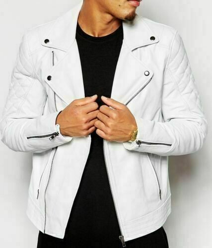 Mens White Real Lambskin Leather Motorcycle Jacket New Slim Fit Handmade Jacket