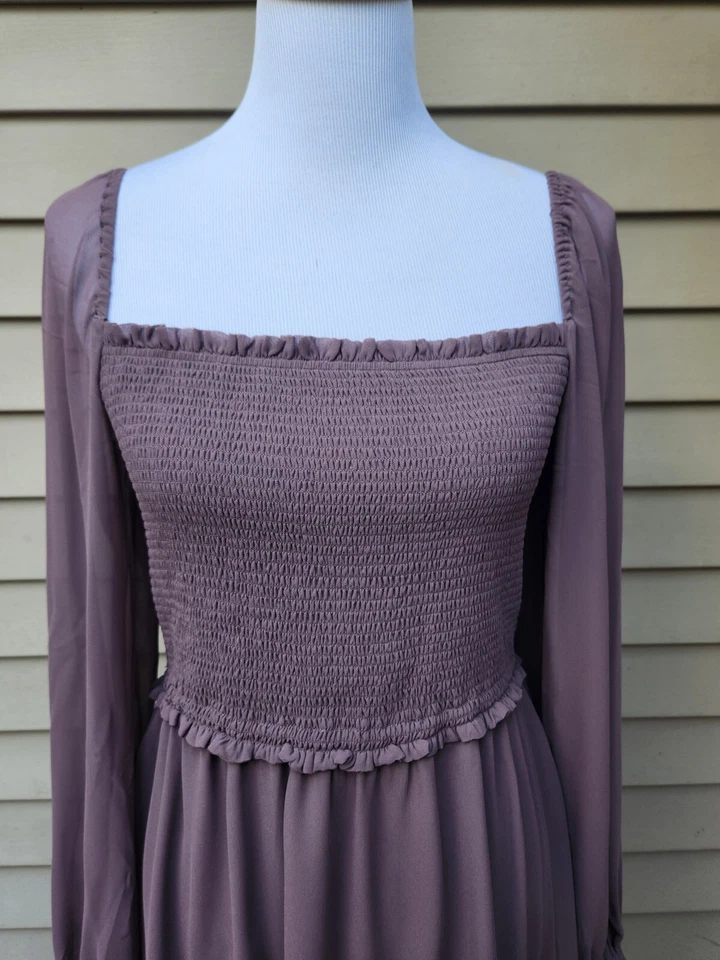 Aritzia Wilfred Tempest Dress LARGE Mauve Brown Smock Square Neck Sheer Sleeves - Image 3 of 4