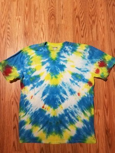 red blue yellow tie dye shirt