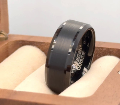 Black Tungsten Promise Ring His & Her Matching Band Matt Stepped Edges Band
