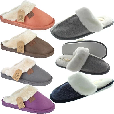 MYSHOESTORE LADIES FLEECE LINED SLIPPERS HARD SOLE MULES WINTER WARM BEDROOM SLIP ON SHOES