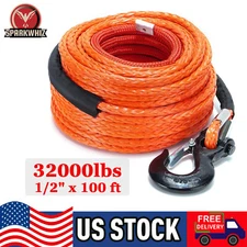 SPARKWHIZ 1/2"x100ft 32000lbs Synthetic Winch Line Rope Cable Kit For SUV UTV US