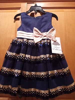 NEW Rare Editions Size 2T Girls "NAVY with GOLD SEQUINS" Stripe Bow Dress  NWT | eBay