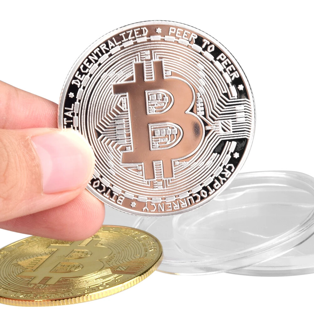Bitcoin Commemorative 2 Coins Crypto Currency Collectible Gold & Silver Plated