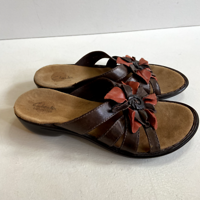 Clarks Bendables Womens Size Lexi Opal Slides Wedge Brown Leather Floral  Slip
