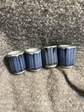 Japanese Teacup Set Of 4 Blue And White Striped Handmade Vintage Signed