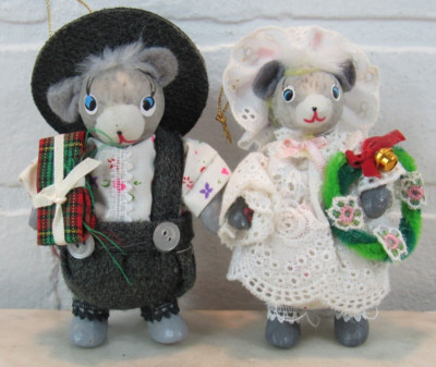 Vintage Mr & Mrs Mouse DOLLS Grey Festive Clothes CHRISTMAS ORNAMENTS 4.5''