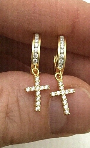 925 massiv Sterling Silber & 14K vergoldet Kreuz Ohrringe - 2mm x 12mm - E1415 - Bild 2 von 7