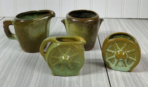 Frankoma Pottery Sugar & Creamer Lot Plainsman Green 4 Pc. Vintage