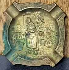 France 1945 Depose WWII Era Collectible Ashtray Brass Woman With Basket ~ Patina