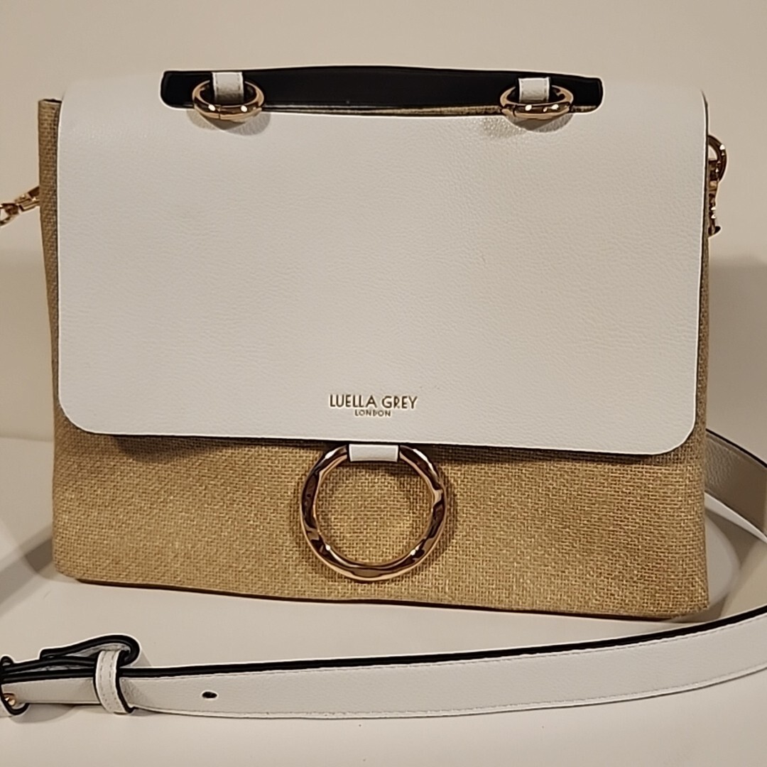 Luella Grey Raffia White Brown Faux Leather Woven Top Flap Over