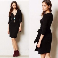 S Anthropologie Vanessa Virginia Lena Black Faux Wrap Dress Small Ruched 3/4 Tie