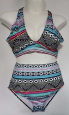 AMZ Women's 3XL Plus Two Piece Swimsuit High Rise Bottoms Teal Tribal Print New