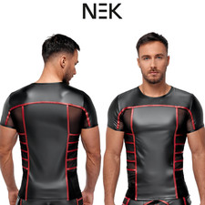 Sexy Maglietta Nera Opaca con Strisce Rosse e Inserti Trasparenti sui Lati Nek