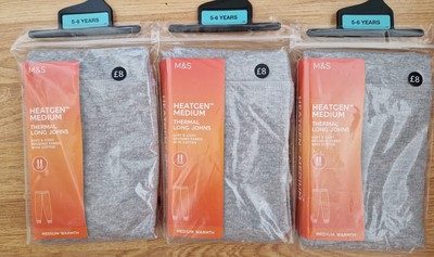 3 x M&S Jungen GRAU heatgen THERMISCH lange Unterhosen/Basisschicht MITTLERE WÄRME Alter 5-6 BRANDNEU