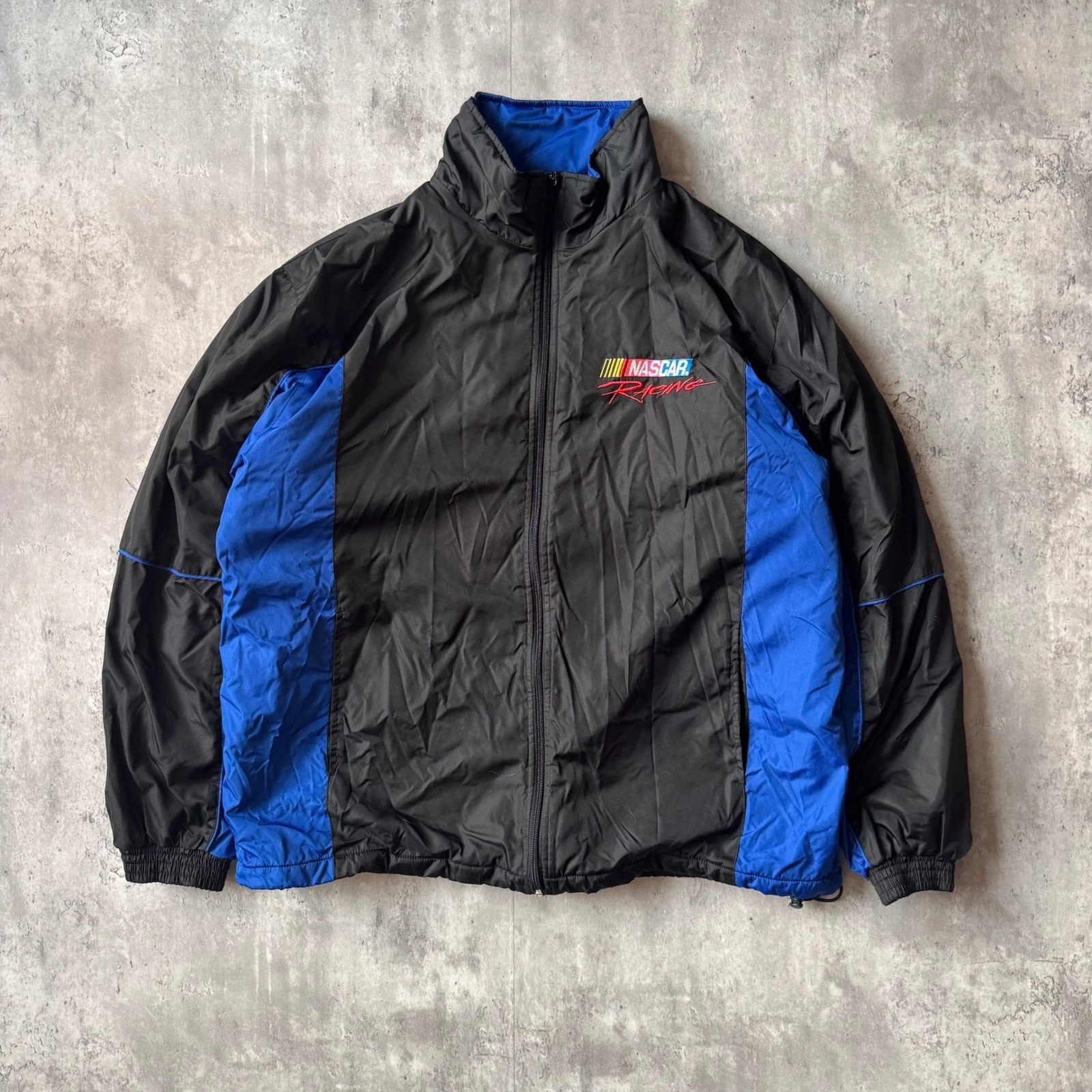 NASCAR Racing Jacket Black Blue Windbreaker Track Zip Up Mens L