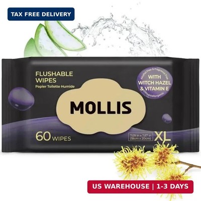 MOLLIS Witch Hazel Flushable Wipes for Adults, Extra Large Unscented Wet Wipes w