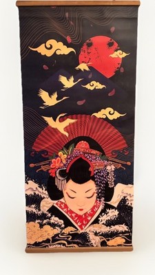 Japanese Geisha With Cranes & Red Sun Retro Canvas Wall Art Print Poster 16 x 35