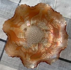 Beautiful Vintage Carnival Marigold Stag & Holly Footed Ruffled Bowl