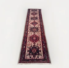 Vintage Kurdish Hamadan Runner Rug 11x3 ft Hand-Knotted 100% Wool Geometric