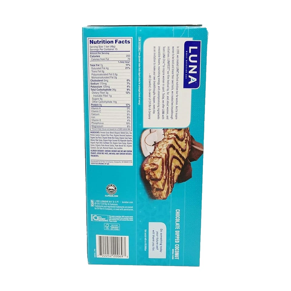 Clif Luna Bar Chocolate Dipped Coconut 8g of protein - Box of 15 bars - Image 3 of 3