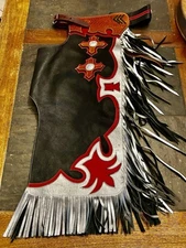 Jerry Beagley Leather Rodeo Chaps YOUTH SMALL Red/Silver/Blk OR Black/Red/Silvr